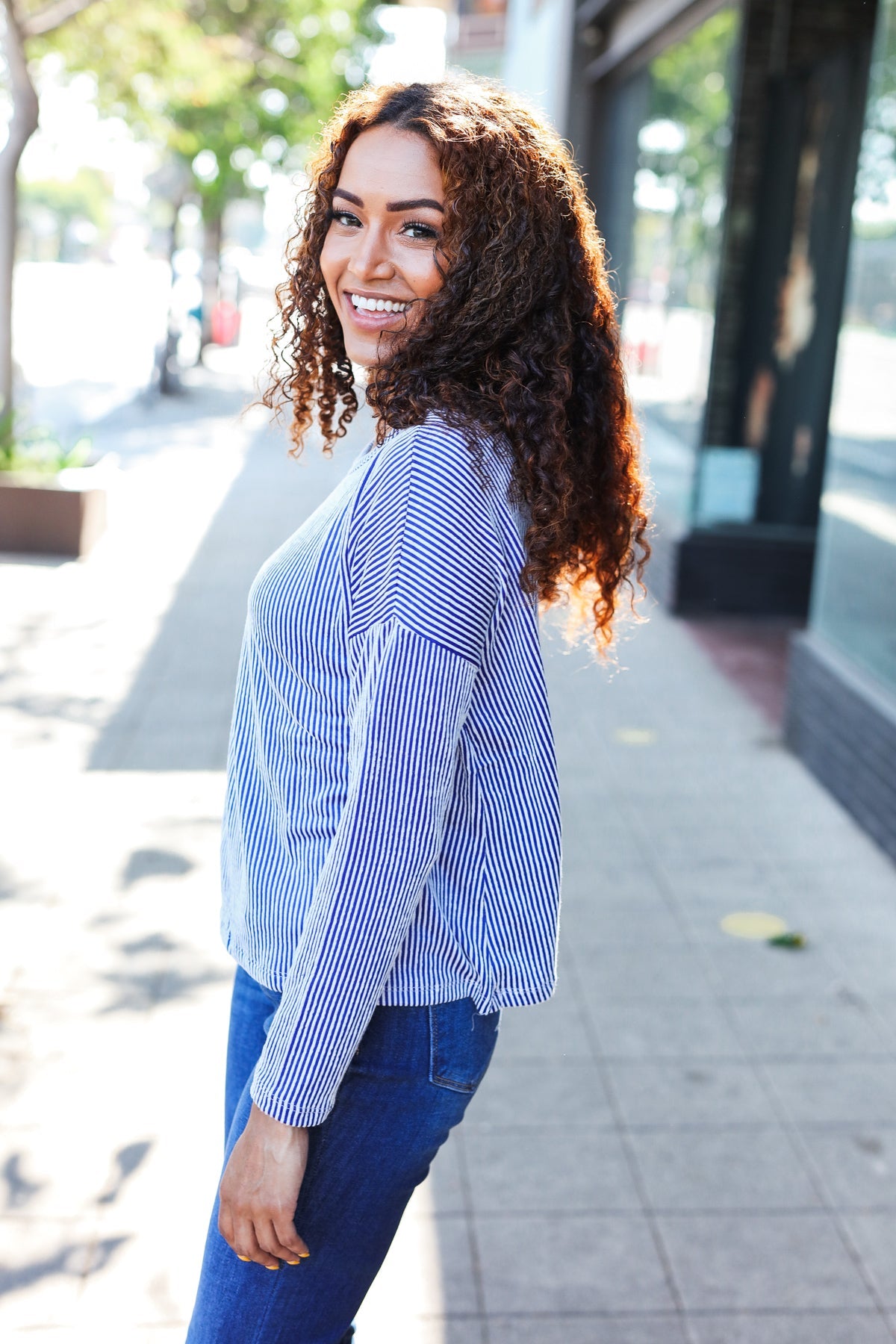 Hello Beautiful Blue Rib Dolman Sweater Top