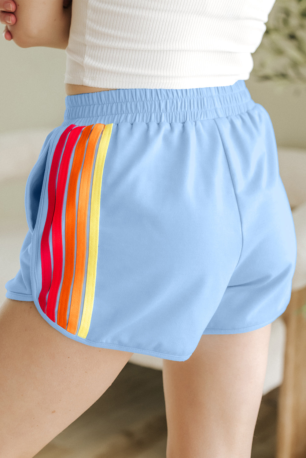 Beau Blue Color Block Stripes Elastic High Waist Active Shorts